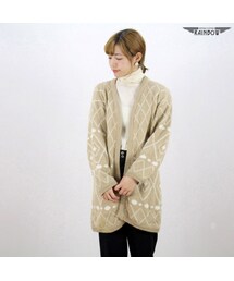 VINTAGE | 古着 ベージュ チェック柄 アーガイル柄 ロング丈 羽織り カーディガン 長袖 ニット レディース ヴィンテージ (古着屋RAINBOW) (ttu1511531)(カーディガン/ボレロ)