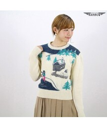 VINTAGE | 古着 青 プリント スケート柄 セーター 長袖 ニット レディース ヴィンテージ (古着屋RAINBOW) (ttu1511546)(ニット/セーター)