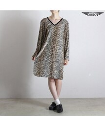 VINTAGE | 古着 ベージュ プリント ヒョウ柄 アニマル柄 ベロア 光沢 長袖 膝丈 ワンピース レディース ヴィンテージ (古着屋RAINBOW) (otu1610351)(ワンピース)