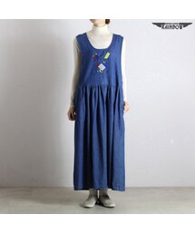 VINTAGE | 古着 青 刺繍 デニム ノースリーブ ロング丈 ワンピース レディース ヴィンテージ (古着屋RAINBOW) (otu1610297)(ワンピース)