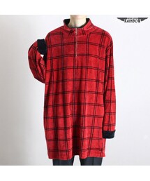 古着 赤 チェック柄 ベロア ロング丈 長袖 チュニック プルオーバー トップス レディース ヴィンテージ (古着屋RAINBOW) (ttu1610413)(Tシャツ/カットソー)