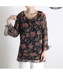 古着 黒 花柄 シフォン フリル 七分袖 ブラウス レディース ヴィンテージ (古着屋RAINBOW) (ttu1702154)(シャツ/ブラウス)