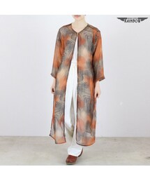 古着 茶 オレンジ プリント 縞模様 シースルー ロング丈 ガウン コート 長袖 アウター レディース ヴィンテージ (古着屋RAINBOW) (ttu1605074)(その他トップス)
