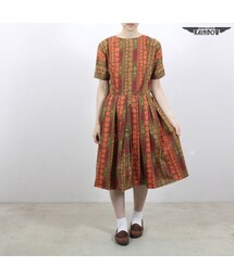 古着 茶 花柄 半袖 ロング丈 ワンピース レディース ヴィンテージ (古着屋RAINBOW) (otu1609001)(ワンピース)