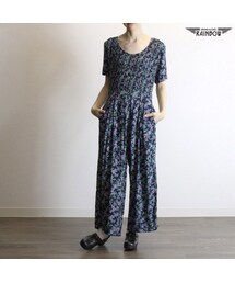 古着 紺 ネイビー 花柄 半袖 ロング丈 オールインワン ワンピース レディース ヴィンテージ (古着屋RAINBOW) (otu1704211) 9180円(つなぎ/オールインワン)