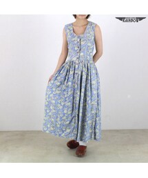 古着 青 水色 プリント 貝がら柄 前開き ノースリーブ ロング丈 ワンピース レディース ヴィンテージ (古着屋RAINBOW) (otu1607144)(ワンピース)