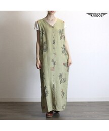 古着 カーキ プリント リネン ノースリーブ ロング丈 ワンピース レディース ヴィンテージ (古着屋RAINBOW) (otu1705278)(ワンピース)