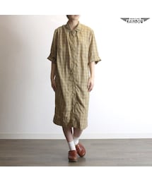 古着 ベージュ チェック柄 前開き 五分袖 ロング丈 ワンピース レディース ヴィンテージ (古着屋RAINBOW) (otu1704300)(シャツワンピース)