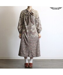 古着 生成り ベージュ 花柄 前開き 長袖 ロング丈 ワンピース レディース ヴィンテージ (古着屋RAINBOW) (otu1708076)(ワンピース)