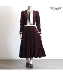 古着 赤 ボルドー ダーク 無地 ベロア 長袖 ロング丈 ワンピース レディース ヴィンテージ (GUNNE SAX ガニーサックス) (古着屋RAINBOW) (otu1709170)(ワンピース)