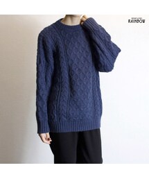 古着 青 くすみカラー 無地 ケーブル編み セーター 長袖 ニット レディース ヴィンテージ (古着屋RAINBOW) (ttu1712046)(ニット/セーター)
