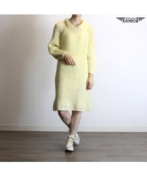 古着 黄 パステル クリーム色 無地 ニット 長袖 膝丈 ワンピース レディース ヴィンテージ (古着屋RAINBOW) (otu1710357)(ワンピース)