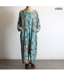 古着 緑 エメラルドグリーン ビビッド 花柄 レーヨン 長袖 ロング丈 オールインワン ワンピース レディース ヴィンテージ (古着屋RAINBOW) (otu1802076)(つなぎ/オールインワン)