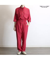 古着 赤 ビビッド 無地 七分袖 ロング丈 オールインワン ワンピース レディース ヴィンテージ (古着屋RAINBOW) (otu1803086)(つなぎ/オールインワン)