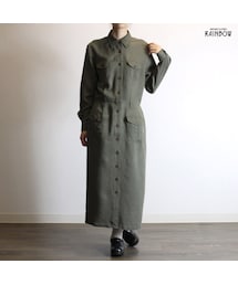 古着 緑 カーキ 無地 レーヨン 前開き 長袖 ロング丈 ワンピース レディース ヴィンテージ (古着屋RAINBOW 通販) (otu1803011)(シャツワンピース)