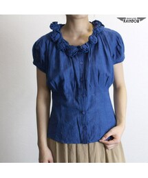 古着 青 無地 リネン 半袖 シャツ ブラウス レディース ヴィンテージ (古着屋RAINBOW 通販) (ttu1705090)(シャツ/ブラウス)