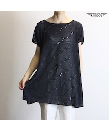 古着 黒 無地 透かし編み カットソー ロング丈 プルオーバー 半袖 トップス レディース ヴィンテージ (古着屋RAINBOW 通販) (ttu1706029)(その他トップス)