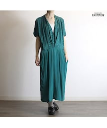 古着 緑 ダーク 無地 ドット柄 切り替え 半袖 ロング丈 ワンピース レディース ヴィンテージ (古着屋RAINBOW 通販) (otu1804379)(ワンピース)