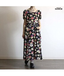 古着 黒 花柄 半袖 レーヨン ロング丈 ワンピース レディース ヴィンテージ (Liz Claiborne リズ クレイボーン) (古着屋RAINBOW 通販) (otu1804265)(ワンピース)