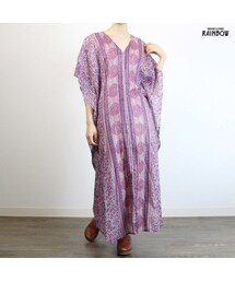 古着 紫 ピンク プリント エスニック柄 コットン 五分袖 ロング丈 ワンピース レディース ヴィンテージ (古着屋RAINBOW 通販) (otu1805051)(ワンピース)