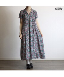 古着 青 水色 黒 花柄 レーヨン 前開き 半袖 ロング丈 ワンピース レディース ヴィンテージ (古着屋RAINBOW 通販) (otu1804306)(ワンピース)