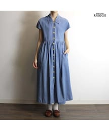 古着 青 水色 無地 デニム 前開き 半袖 ロング丈 ワンピース レディース ヴィンテージ (古着屋RAINBOW 通販) (otu1806040)(ワンピース)