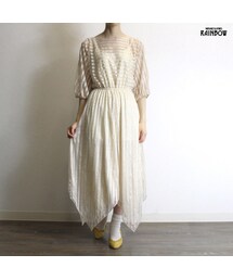 古着 生成り アイボリー ボーダー柄 花柄 シフォン 五分袖 ロング丈 ワンピース レディース ヴィンテージ (古着屋RAINBOW 通販) (otu1806321)(ワンピース)