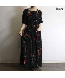 古着 黒 花柄 レーヨン 五分袖 ロング丈 ワンピース レディース ヴィンテージ (古着屋RAINBOW 通販) (otu1806281)(ワンピース)
