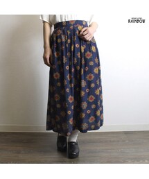 古着 紺 ダーク 総柄 エスニック柄 レーヨン ロング丈 ギャザー スカート レディース ヴィンテージ (古着屋RAINBOW 通販) (btu1807055)(スカート)
