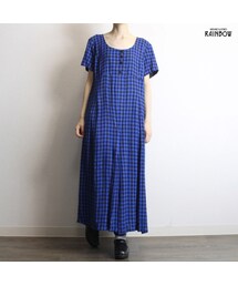 古着 青 チェック柄 レーヨン 半袖 ロング丈 オールインワン ワンピース レディース ヴィンテージ (古着屋RAINBOW 通販) (otu1805111)(つなぎ/オールインワン)