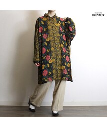 古着 黒 黄 ダーク 花柄 シフォン ロング丈 長袖 シャツ　ブラウス レディース ヴィンテージ (古着屋RAINBOW 通販) (ttu1808038)(シャツ/ブラウス)