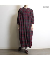 古着 赤 ダーク チェック柄 後ろ開き 長袖 ロング丈 ワンピース レディース ヴィンテージ (古着屋RAINBOW 通販) (otu1808130）(ワンピース)