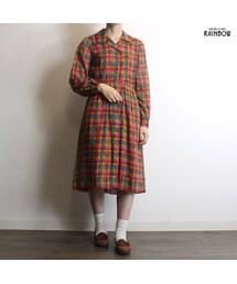 古着 カラフル チェック柄 シフォン 長袖 ロング丈 ワンピース レディース ヴィンテージ (古着屋RAINBOW 通販) (otu1808052)(ワンピース)