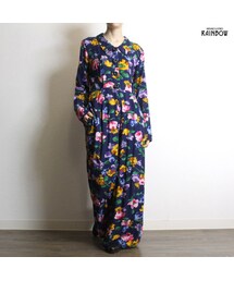 古着 紺 カラフル 花柄 レーヨン 長袖 ロング丈 オールインワン ワンピース レディース ヴィンテージ (古着屋RAINBOW 通販) (otu1808169)(つなぎ/オールインワン)