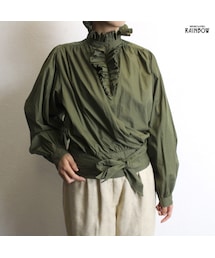 古着 緑 カーキ ダーク 無地 フリル 長袖 シャツ ブラウス レディース ヴィンテージ (古着屋RAINBOW 通販) (ttu1808238)(シャツ/ブラウス)