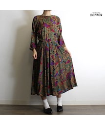 古着 カラフル ダーク 総柄 後ろ開き 長袖 ロング丈 ワンピース レディース ヴィンテージ (古着屋RAINBOW 通販) (otu1809017)(ワンピース)