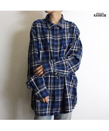 アメリカ古着 青 ダーク チェック柄 コットン ロング丈 長袖 シャツ ブラウス レディース レトロ ヴィンテージ (古着屋RAINBOW 通販) (ttu1809143)(シャツ/ブラウス)