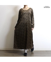 アメリカ古着 茶 ダーク 総柄 リーフ柄 ベロア 長袖 ロング丈 ワンピース レディース レトロ ヴィンテージ (古着屋RAINBOW 通販) (otu1810065)(ワンピース)