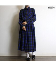 アメリカ古着 青 ダーク チェック柄 コットン１００％ 前開き 長袖 ロング丈 ワンピース レディース ヴィンテージ (古着屋RAINBOW 通販) (otu1811030)(ワンピース)