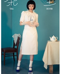 召幻商店 | teahouse茶室大小姐刺绣斜襟海军领白旗袍(ワンピース/ドレス)