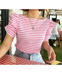  パフ袖ボートネックボーダーパターンTシャツ(Tシャツ/カットソー)