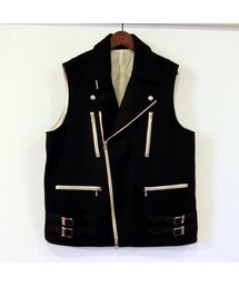 Bernabeu | Bernabeu タスマニアウールメルトン×ステアハイド スリーブレス ライダースJKT ブラック(ライダースジャケット)