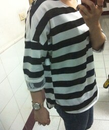 no brand | 黑白七分袖(Tシャツ/カットソー)