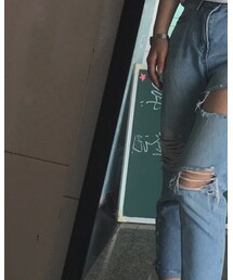 蓝色牛仔破洞宽松裤 | デニムパンツ