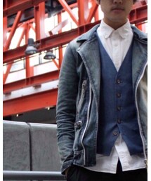 FUGA | ドレスアップ感を出しつつ、デニム生地のレザージャケットでカジュアル感を出しました！(ジャケット/アウター)