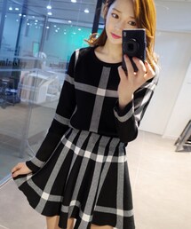 minsshop | ♥トップ+スカートset♥チェックフレアニットツーピース ♥(スカート)