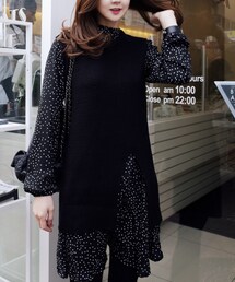 minsshop | ♥ニットベスト+ワンピースset♥リリコドットSET ♥(ワンピース)