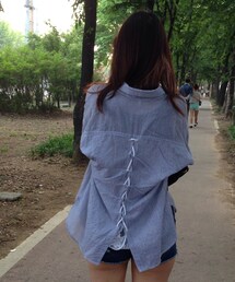 背後蝴蝶結設計條紋襯衫(シャツ/ブラウス)