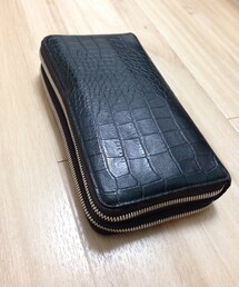 aniary | ダブルガゼット レザー財布 難波パークス ブリアンザの別注ものクロコの型押しダークグリーン色セカンドバッグサイズ（笑）(財布)