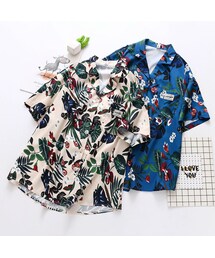 【RETEL】ボタニカル柄前開きスタンドカラーVネック半袖シャツ(シャツ/ブラウス)